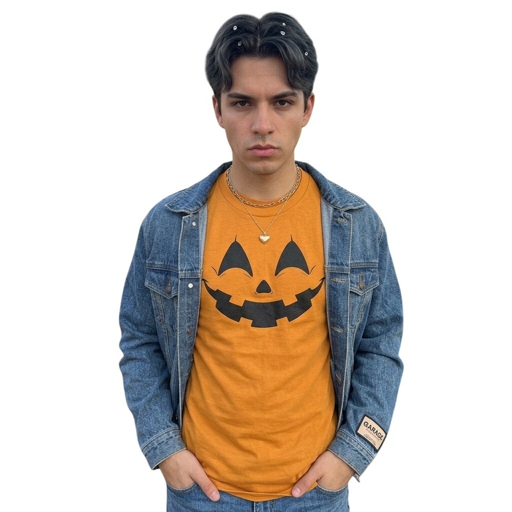 Mad Engine Shirt Pumpkin Face Orange Graphic Halloween Cotton Blend Medium